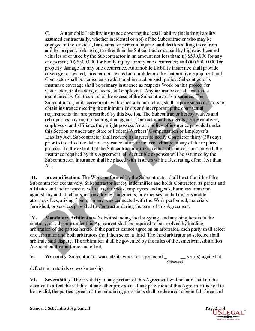 Get Standard Subcontract Agreement Preview Standard Subcontract Agreement