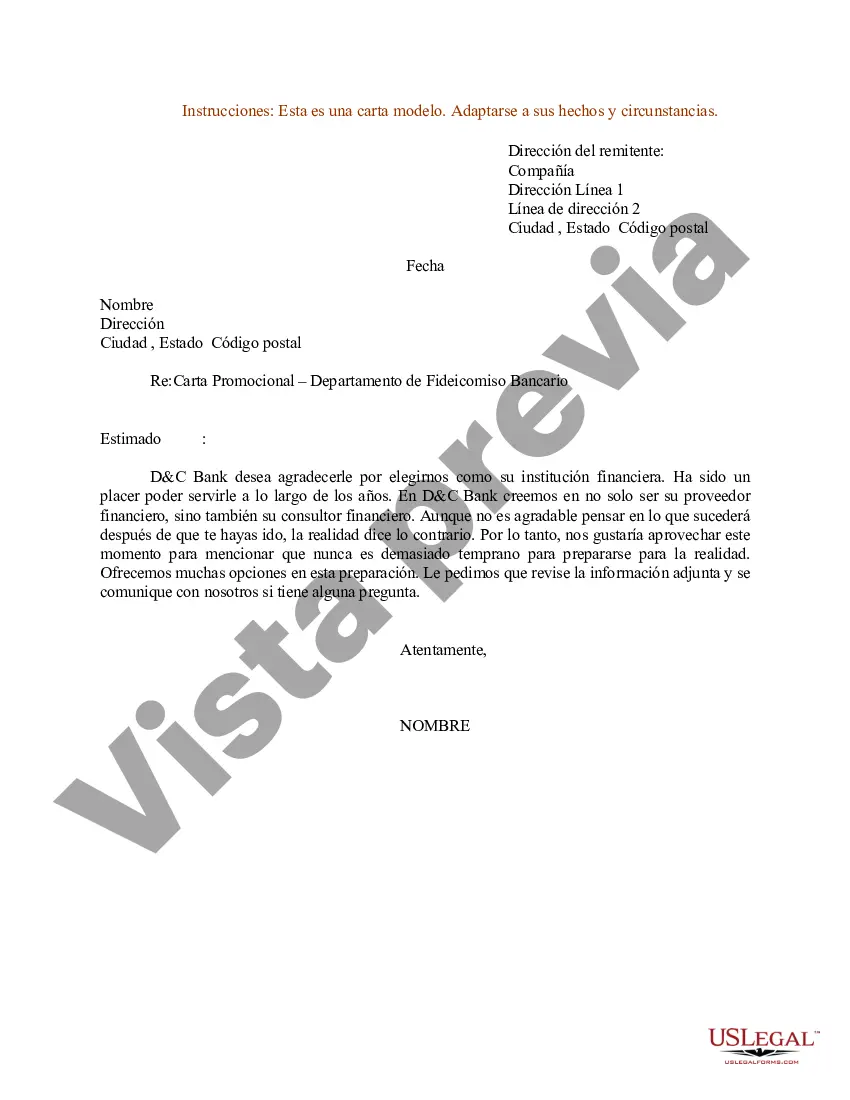 Preview Modelo de carta para carta promocional - Departamento de Fideicomiso Bancario