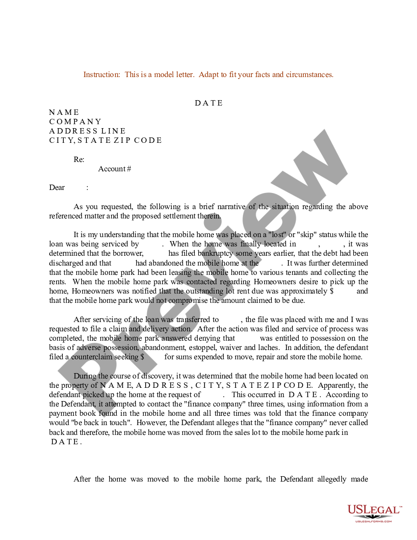 Sample Letter For Brief Narrative And Proposed Settlement Proposed Settlement Us Legal Forms 5783