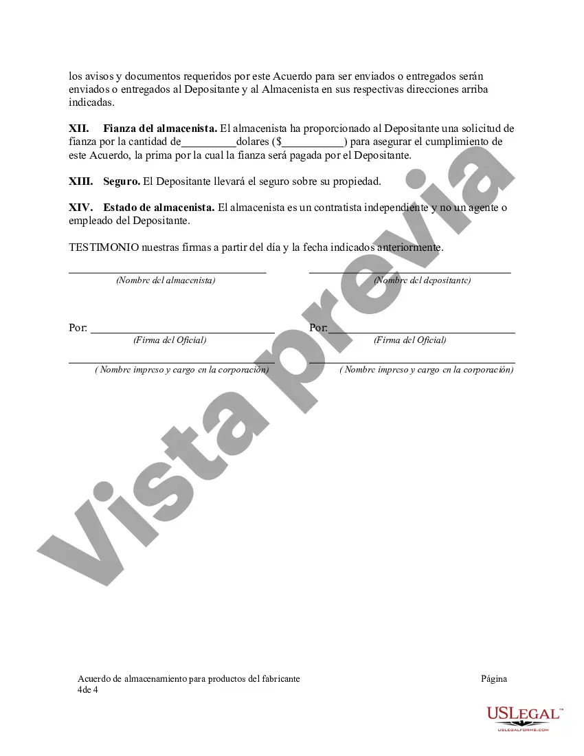 Preview Acuerdo de almacenamiento para productos del fabricante