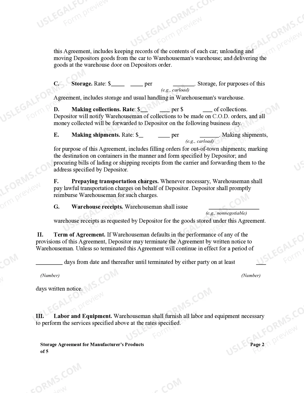 Preview Storage Agreement for Manufacturer's Products