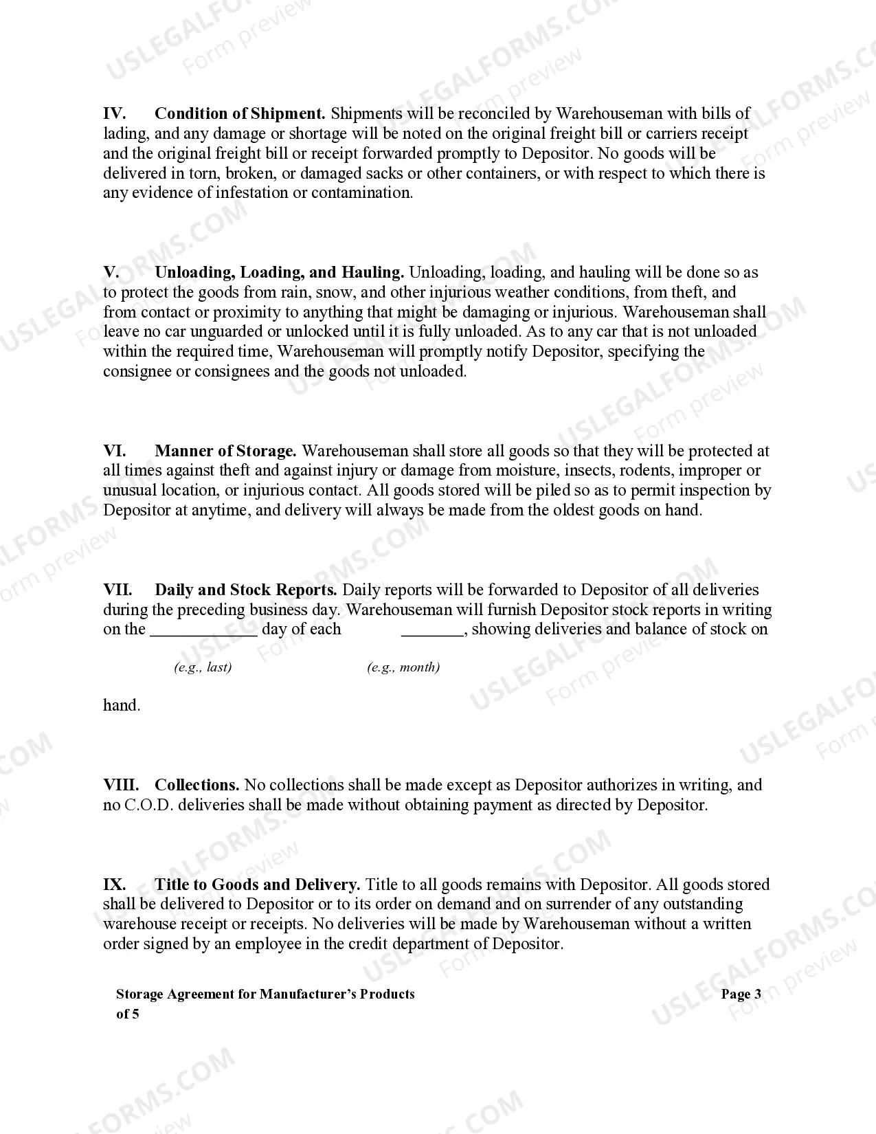 Preview Storage Agreement for Manufacturer's Products