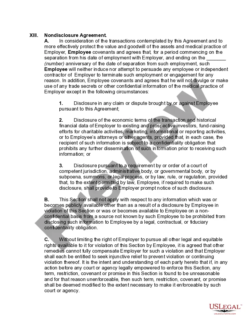 Preview Employment Agreement between Physician and Professional Limited Liability Company with Nondisclosure Agreement and Covenant not to Compete