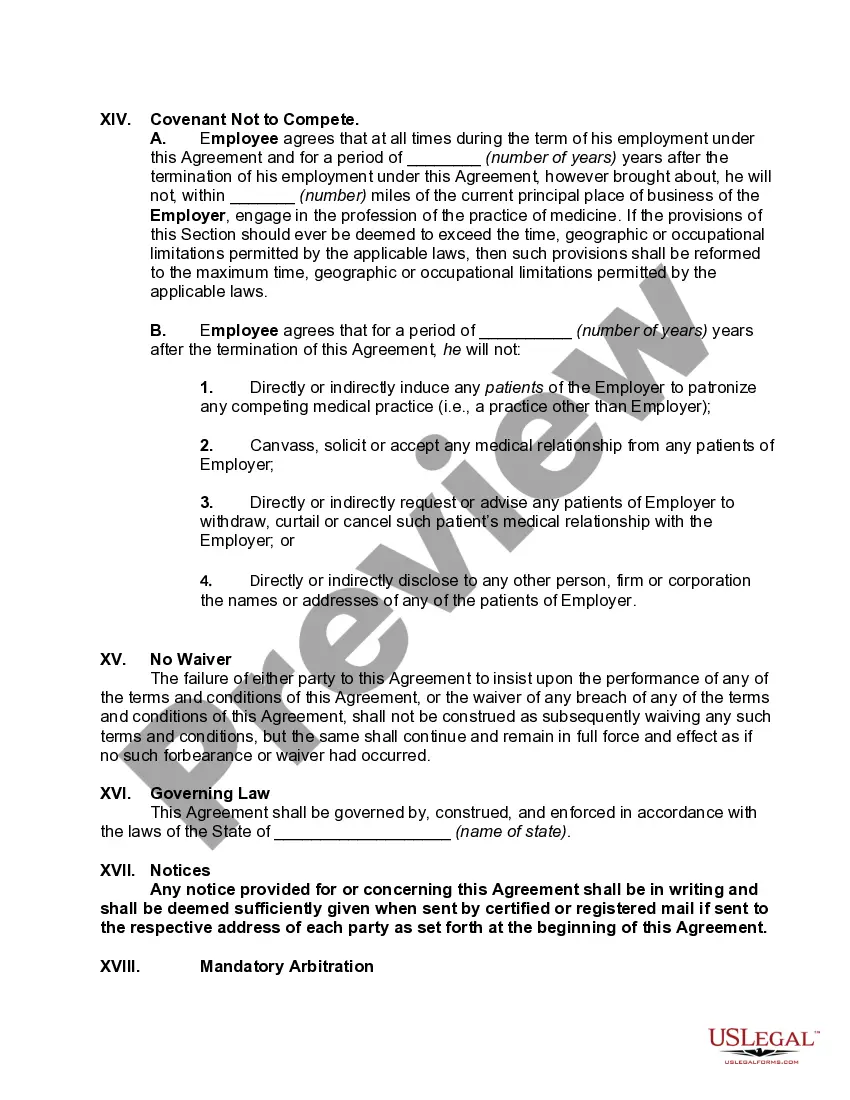Preview Employment Agreement between Physician and Professional Limited Liability Company with Nondisclosure Agreement and Covenant not to Compete