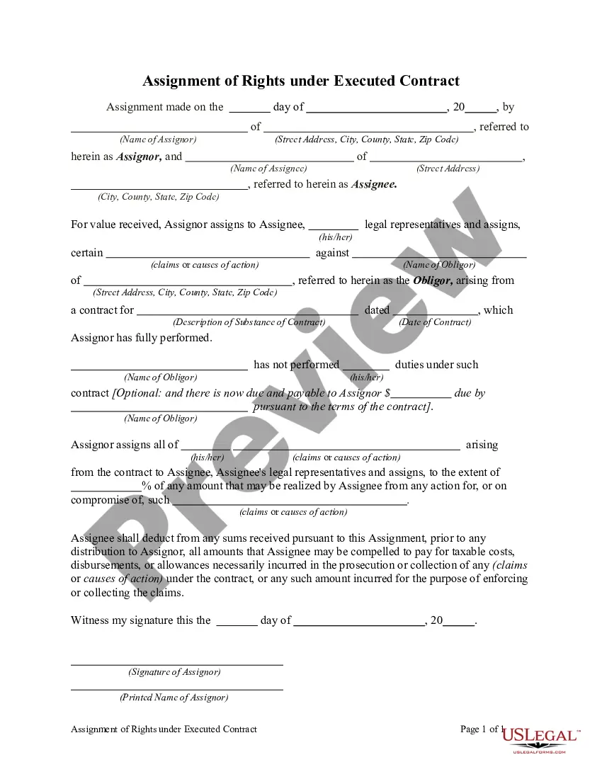 Preview Assignment of Rights under Executed Contract