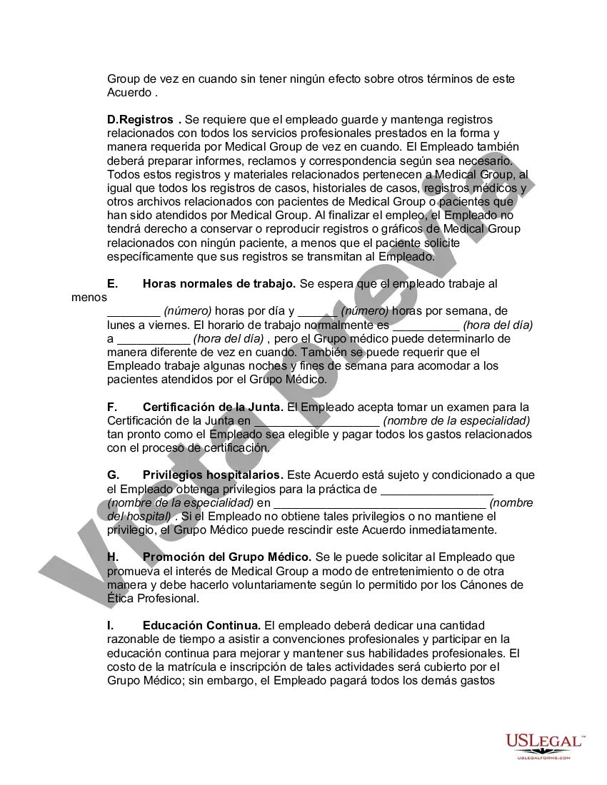 Preview Acuerdo de Empleo y Acuerdo de No Competencia entre el Médico y la Práctica Médica que Presta Servicios como una Sociedad de Responsabilidad Limitada