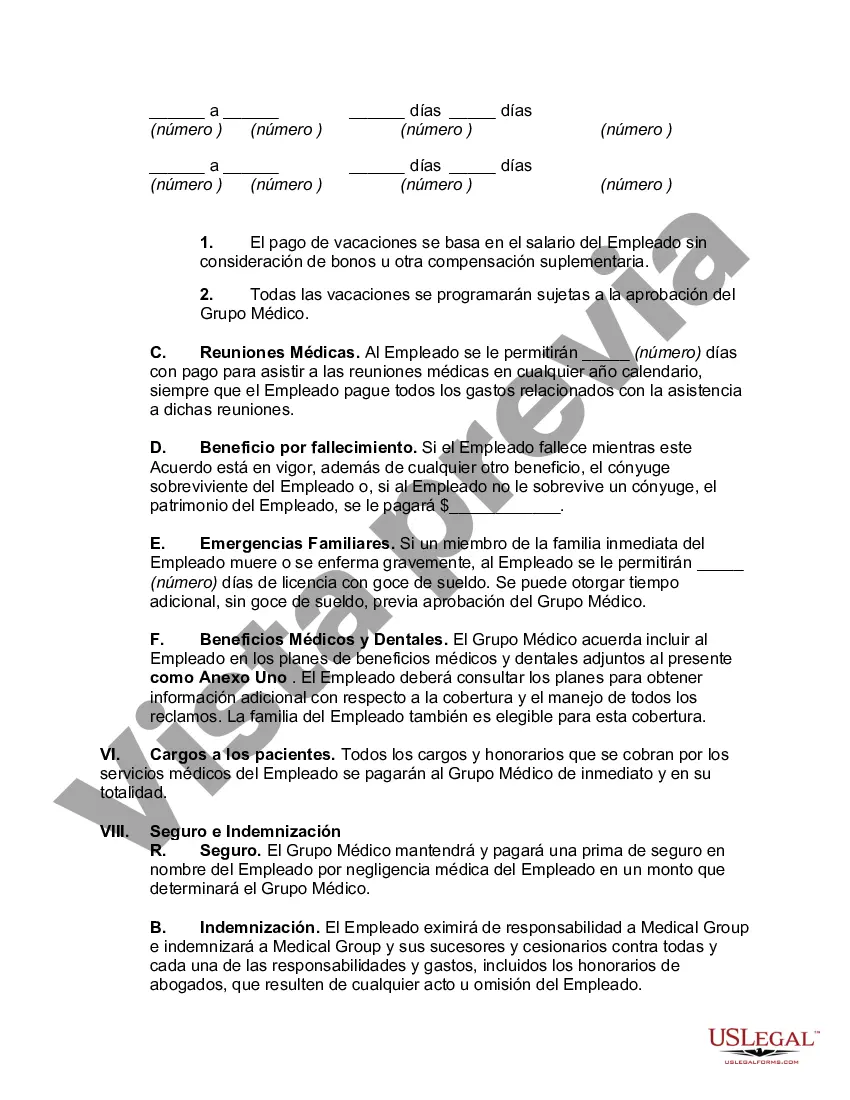Preview Acuerdo de Empleo y Acuerdo de No Competencia entre el Médico y la Práctica Médica que Presta Servicios como una Sociedad de Responsabilidad Limitada