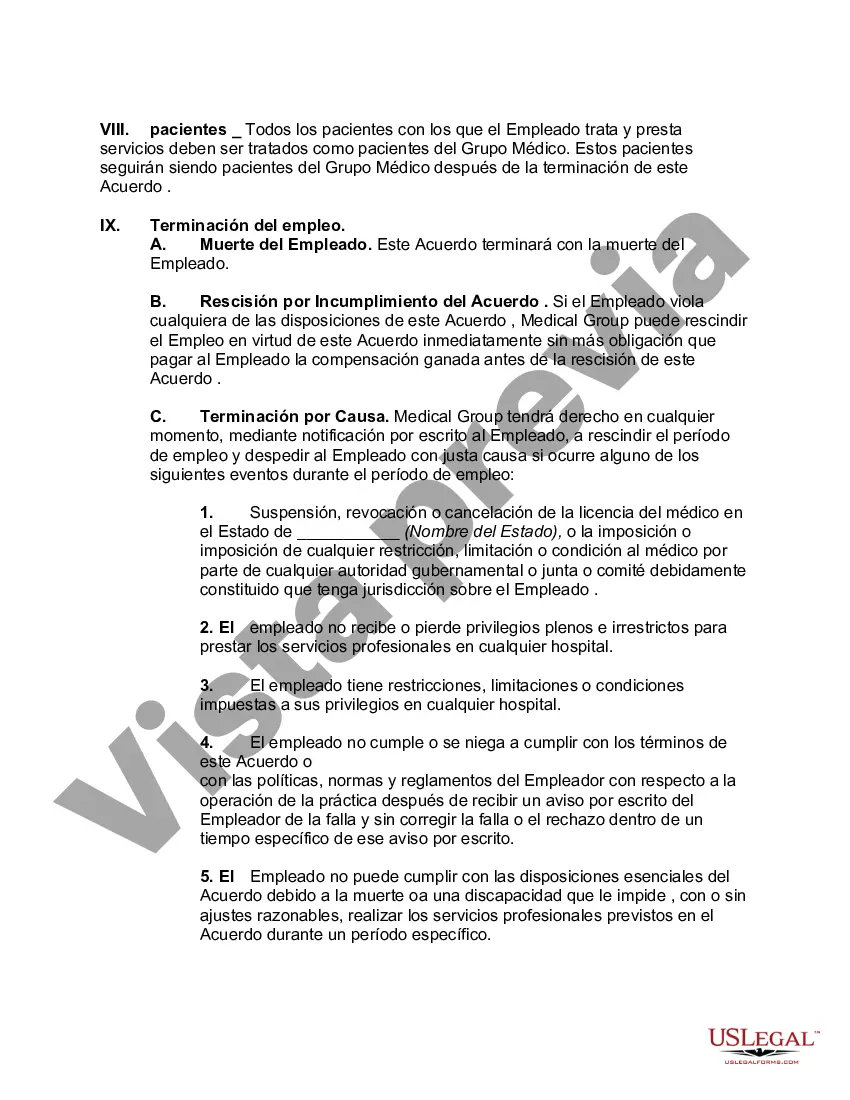 Preview Acuerdo de Empleo y Acuerdo de No Competencia entre el Médico y la Práctica Médica que Presta Servicios como una Sociedad de Responsabilidad Limitada