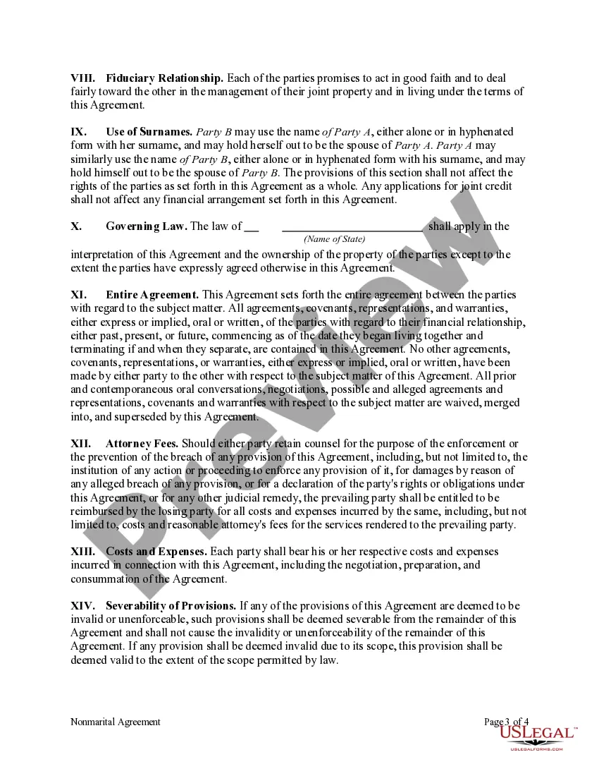 Preview Agreement Between Parties Living Together but Remaining Unmarried