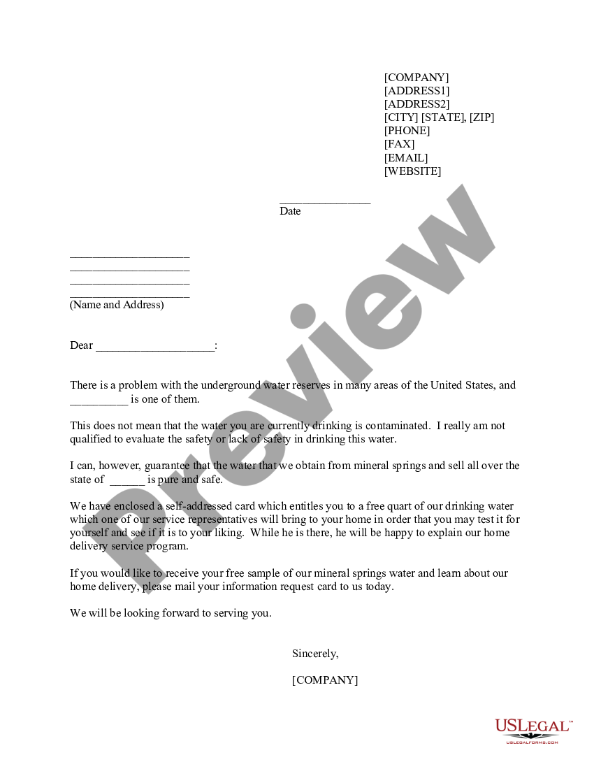 Sales Letter, Drinking water | US Legal Forms