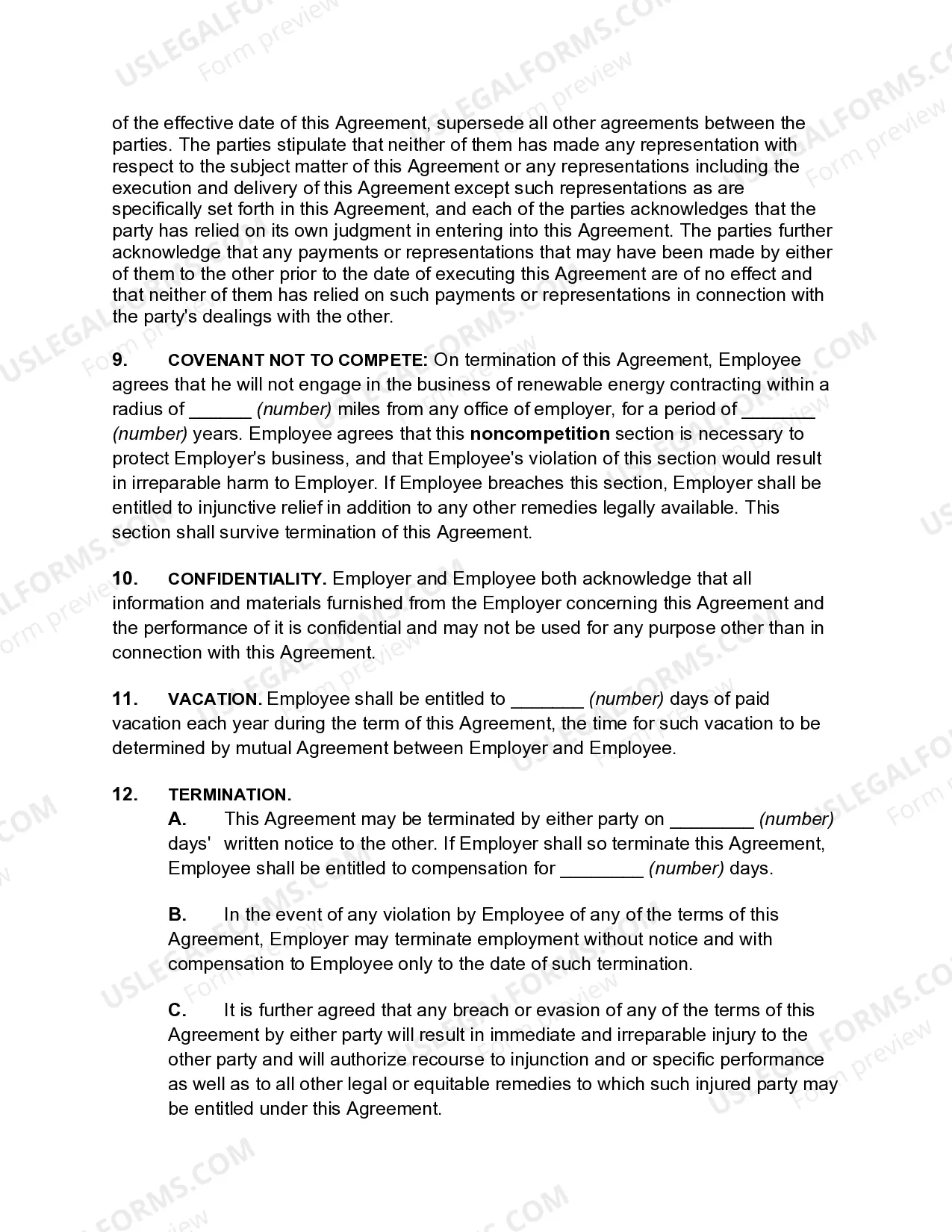 Preview Employment Agreement with Renewable Energy Contractor including Covenant Not to Compete and Nondisclosure Clause