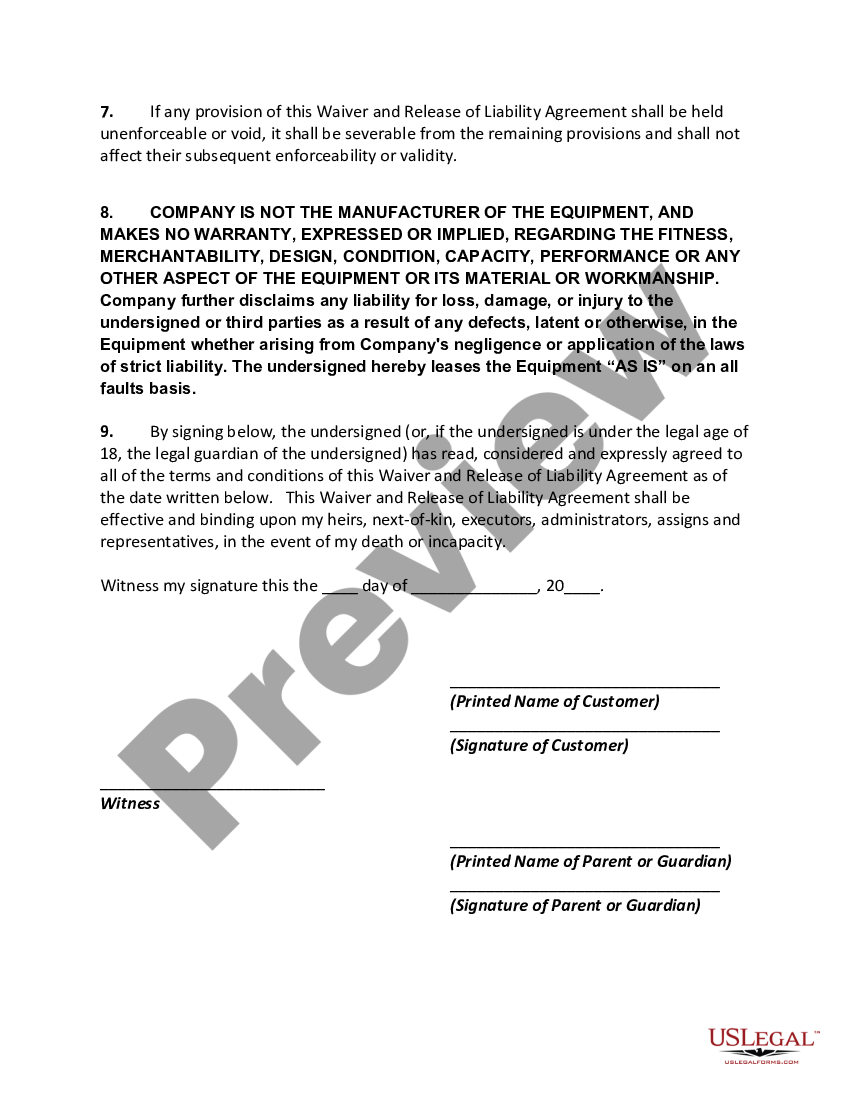 Rental, Waiver and Release of Liability Agreement - Rental Liability ...