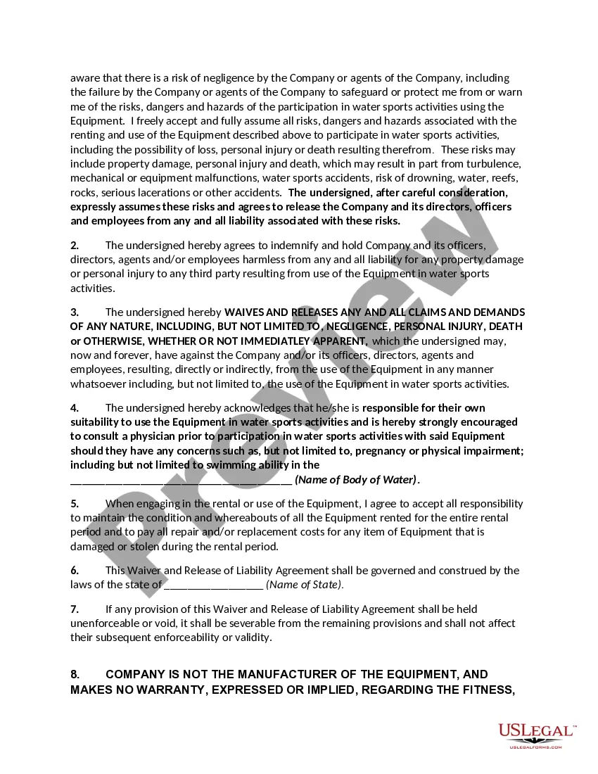 Preview Rental, Waiver and Release of Liability Agreement - Water Sports or Beach Rentals