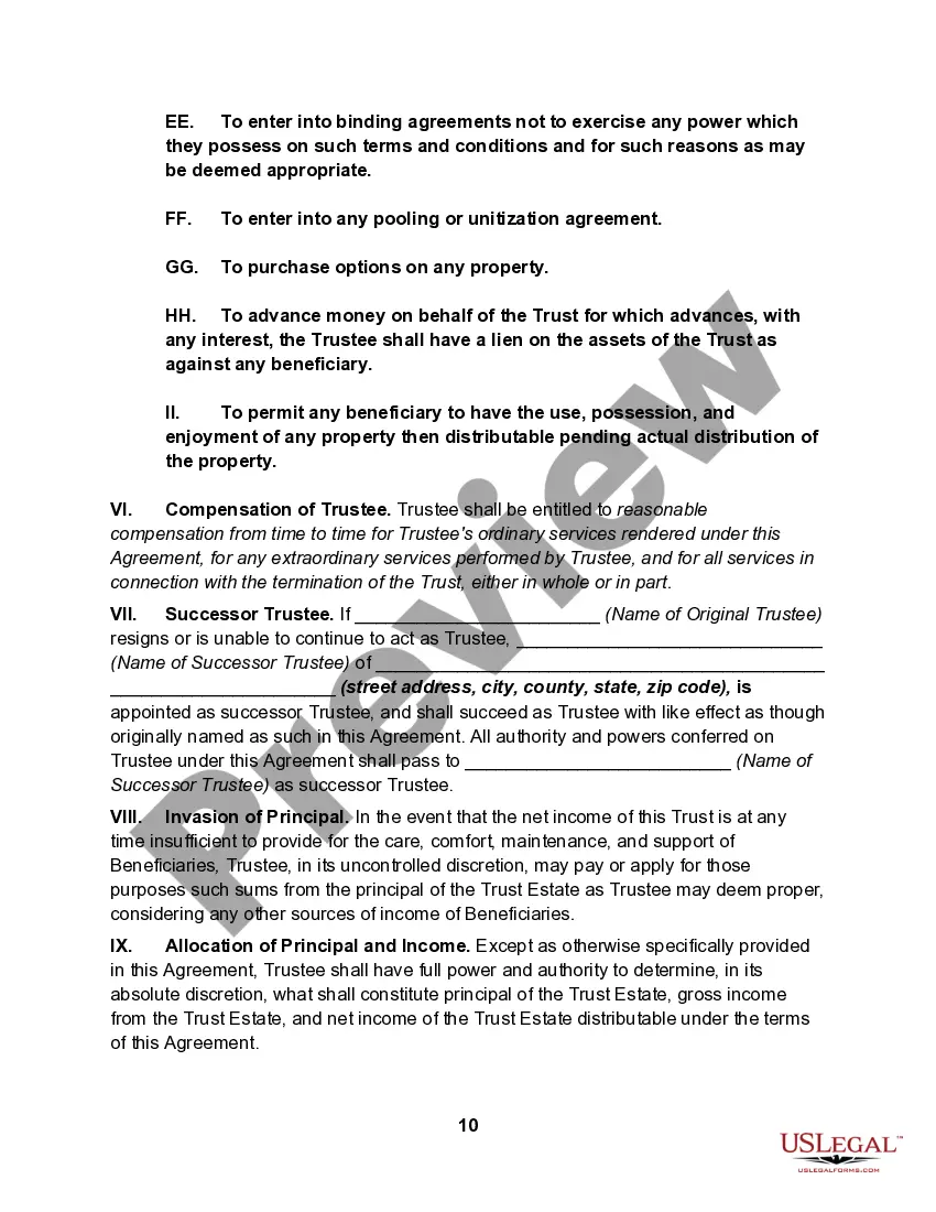 Preview Irrevocable Trust Agreement for the Benefit of Spouse, Children and Grandchildren