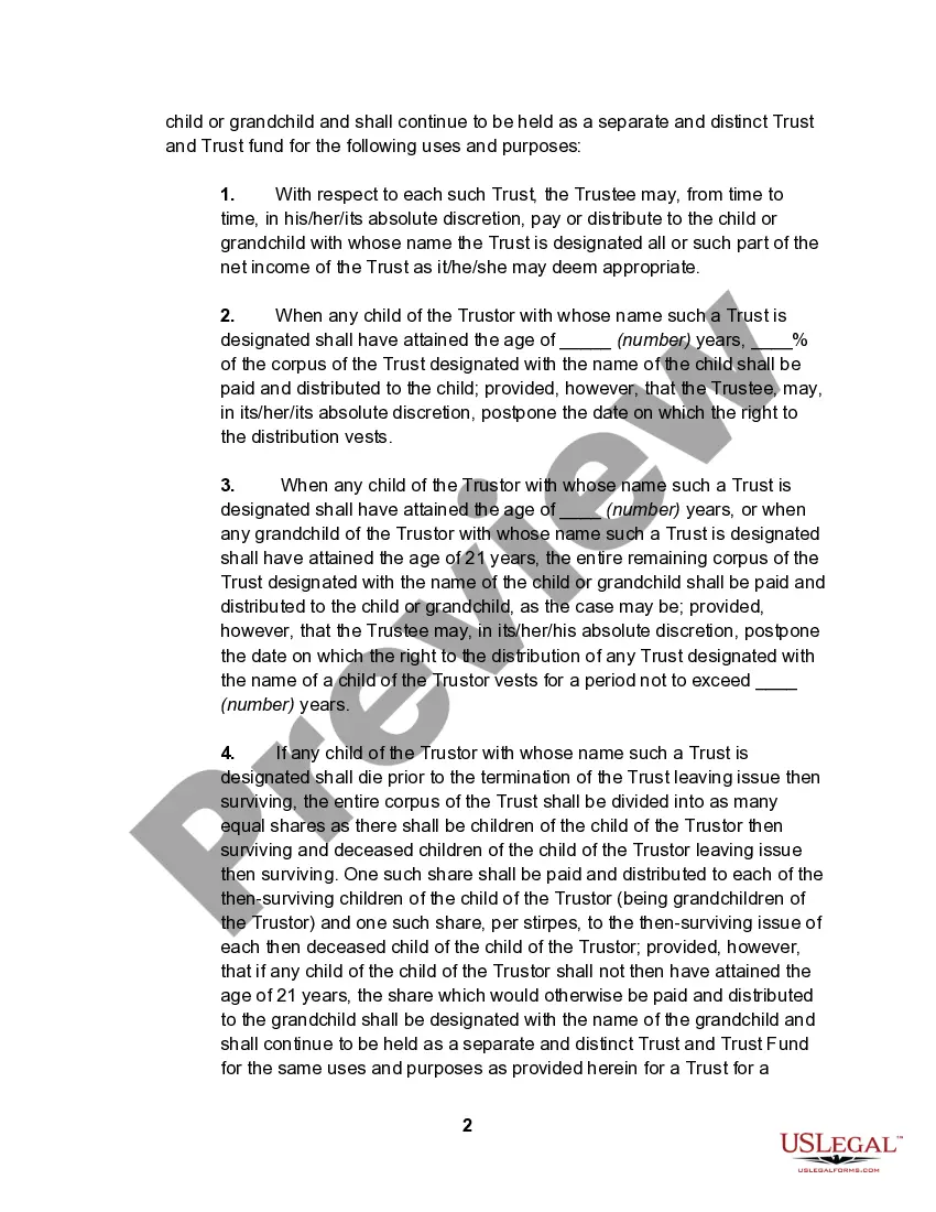 Preview Irrevocable Trust Agreement for the Benefit of Spouse, Children and Grandchildren