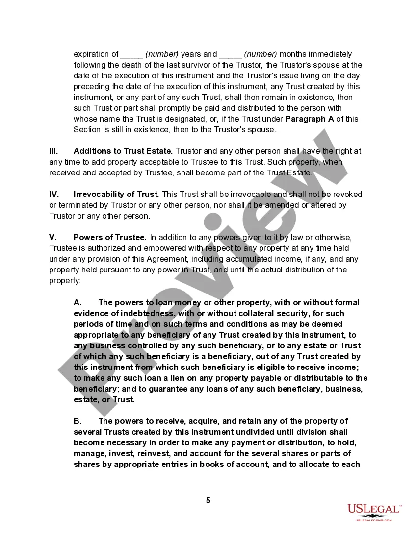 Preview Irrevocable Trust Agreement for the Benefit of Spouse, Children and Grandchildren