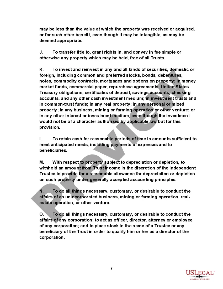 Preview Irrevocable Trust Agreement for the Benefit of Spouse, Children and Grandchildren