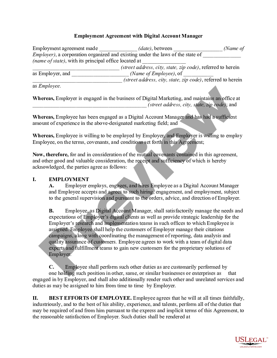 page 0 Employment Agreement with Digital Account Manager preview