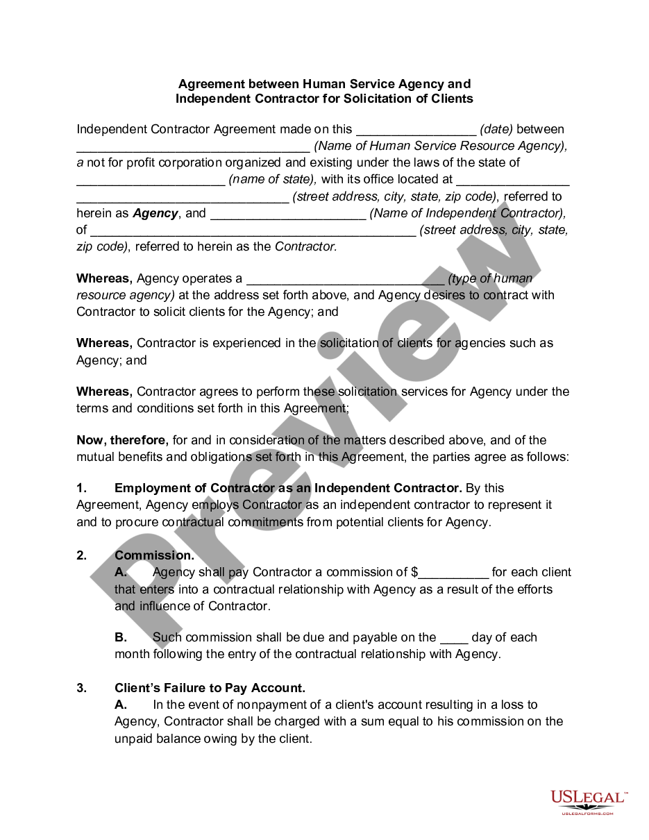 page 0 Agreement between Human Service Agency and Independent Contractor for Solicitation of Clients preview