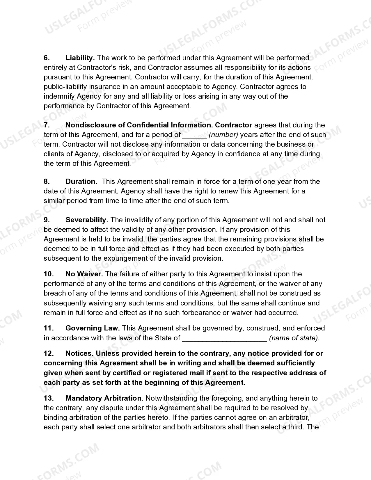 Preview Agreement between Human Service Agency and Independent Contractor for Solicitation of Clients