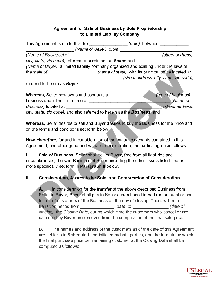 page 0 Agreement for Sale of Business by Sole Proprietorship to Limited Liability Company preview
