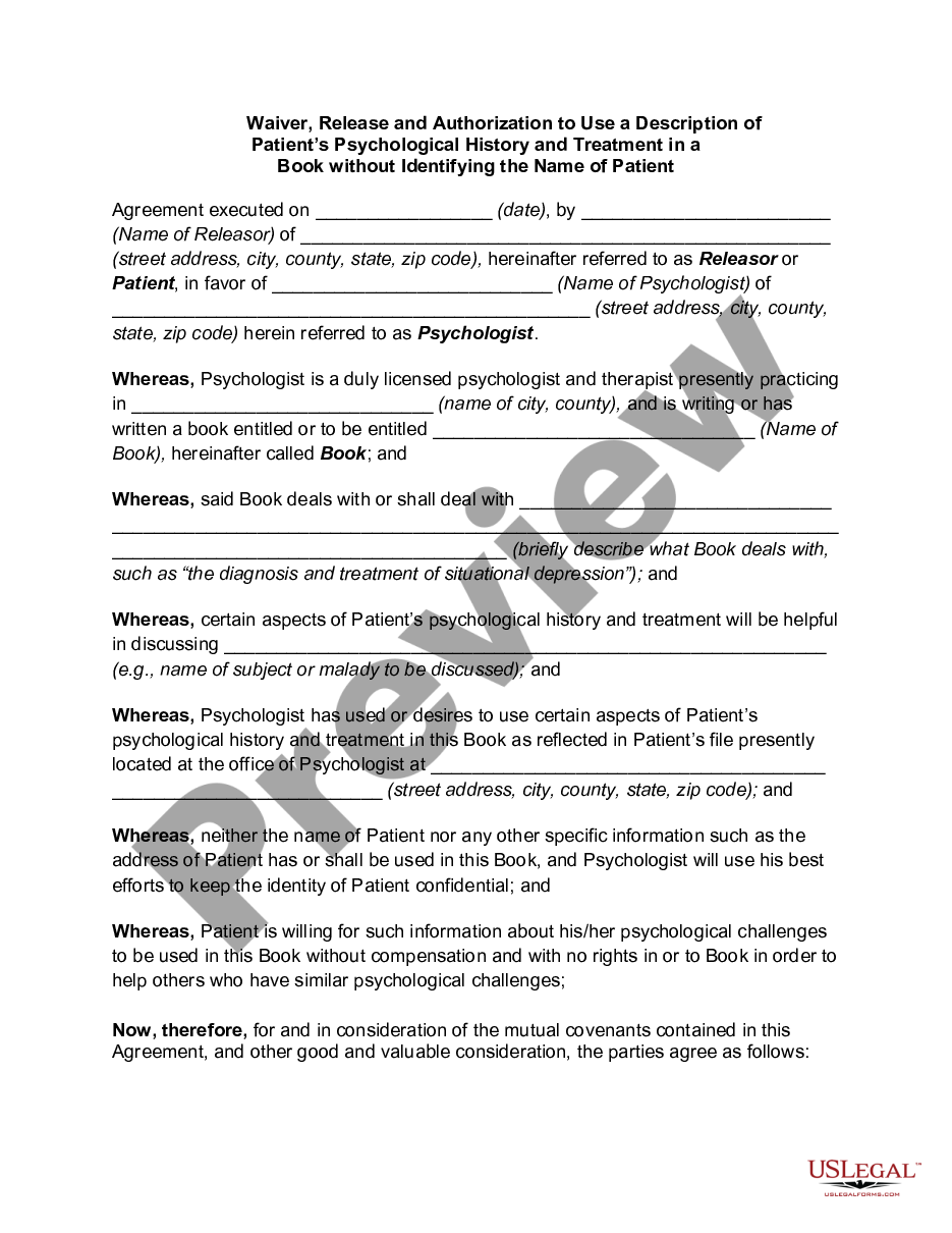 page 0 Waiver, Release and Authorization to Use a Description of Patientýs Psychological History and Treatment in a Book without Identifying the Name of Patient preview