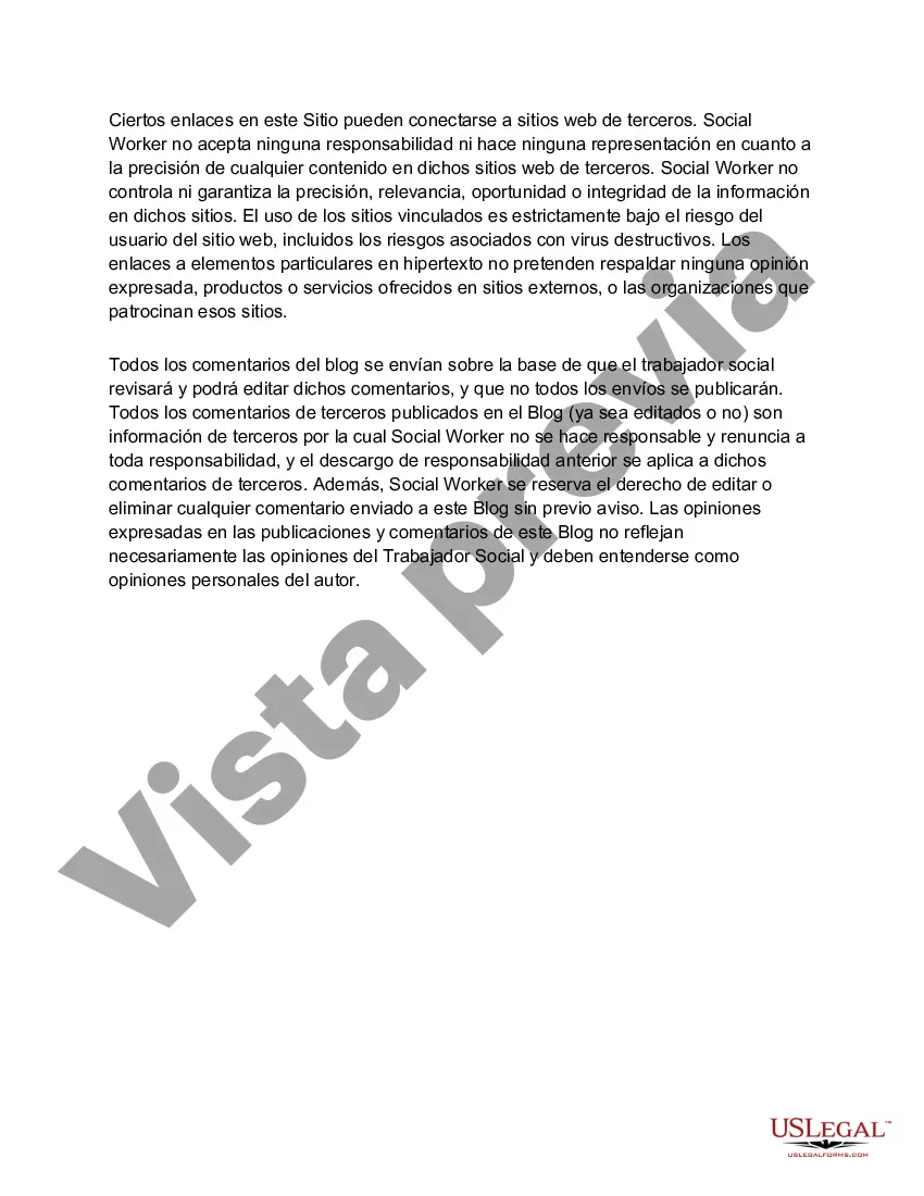 Get Descargo de responsabilidad con respecto al sitio web del Consejero Licenciado en Trabajo Social o similar, dicho terapeuta Preview Descargo de responsabilidad con respecto al sitio web del Consejero Licenciado en Trabajo Social o similar, dicho terapeuta