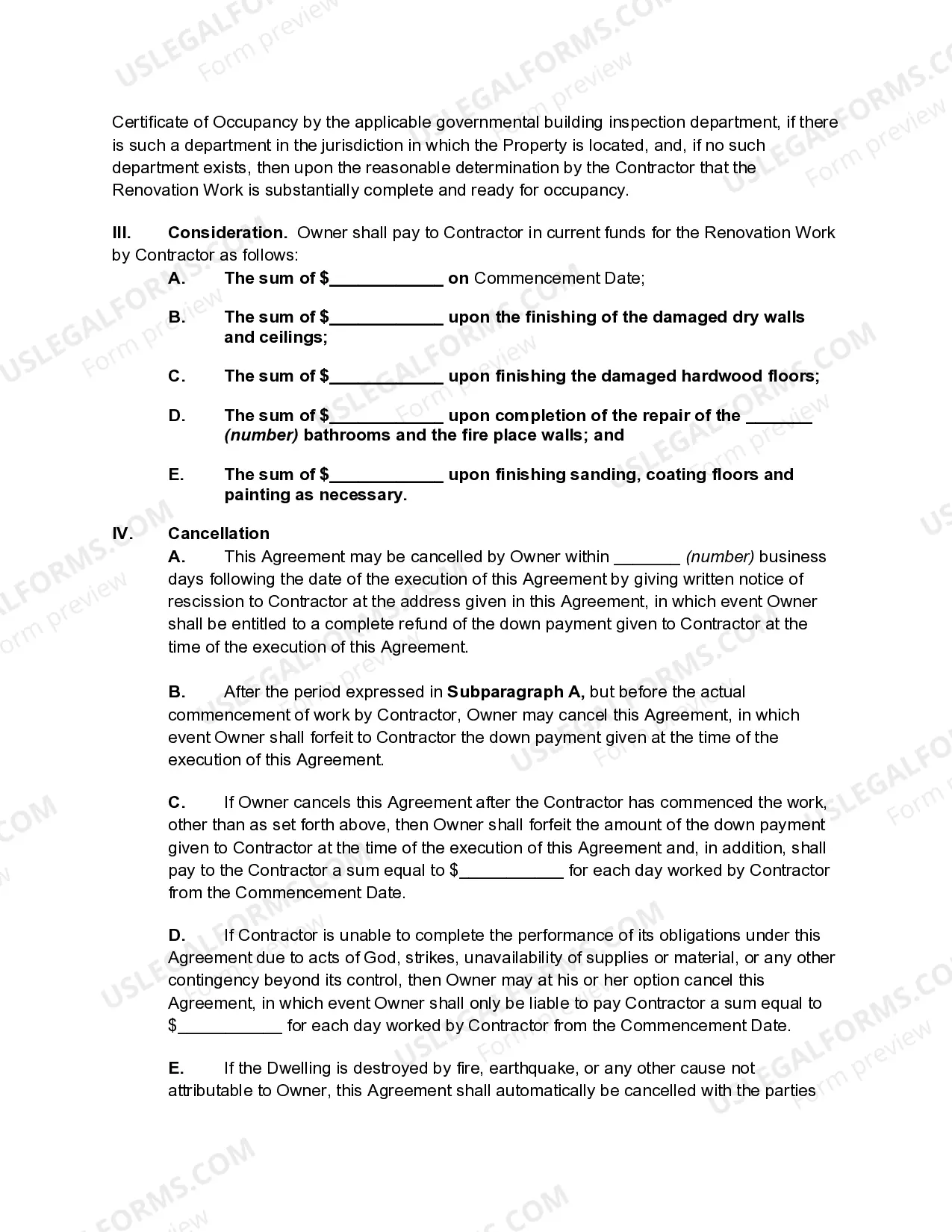 Preview Renovation Agreement for House Damage by Water