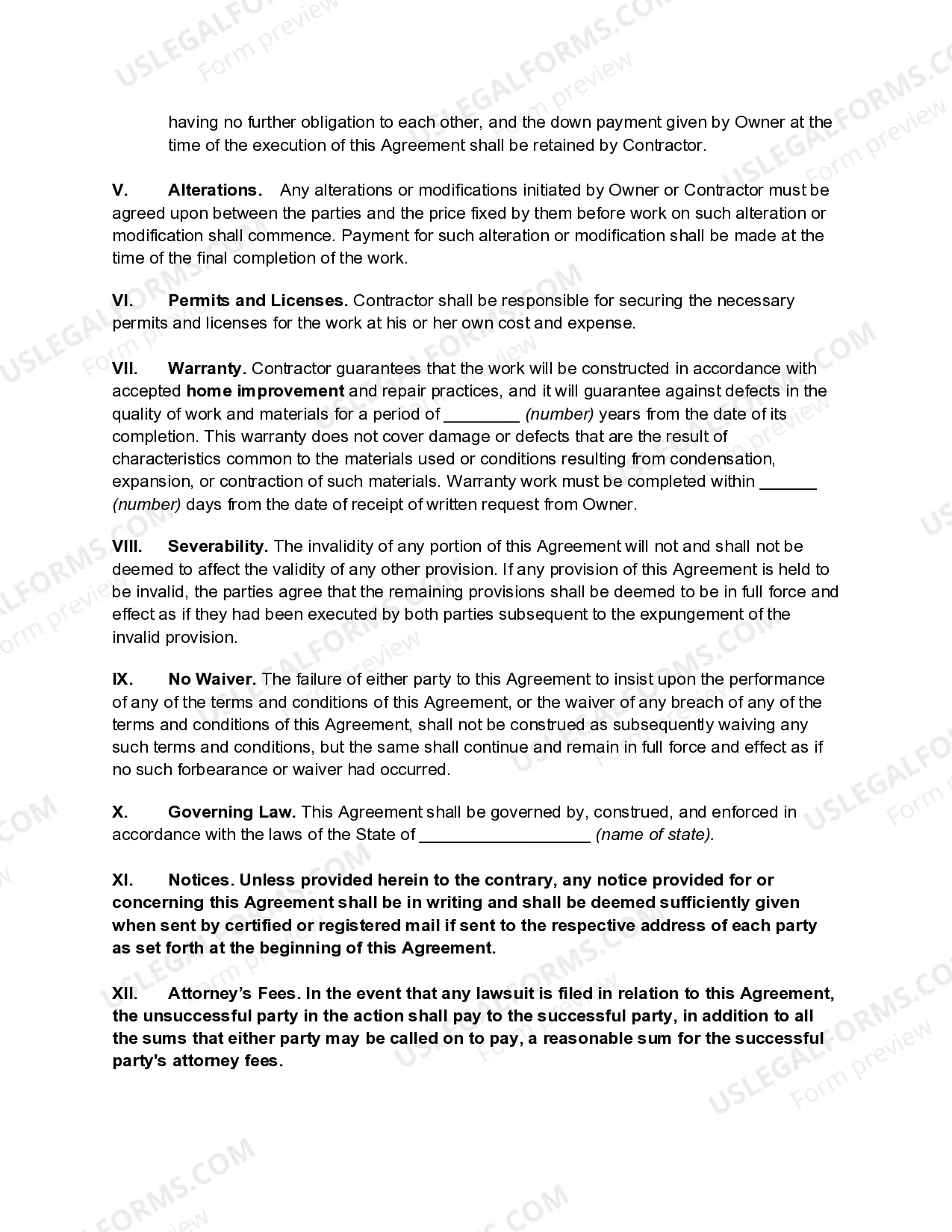 Preview Renovation Agreement for House Damage by Water