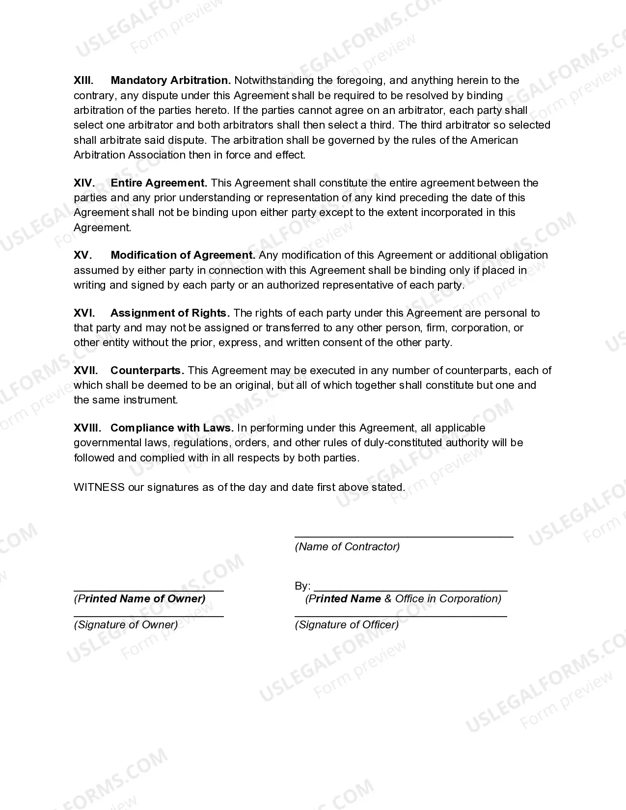 Preview Renovation Agreement for House Damage by Water