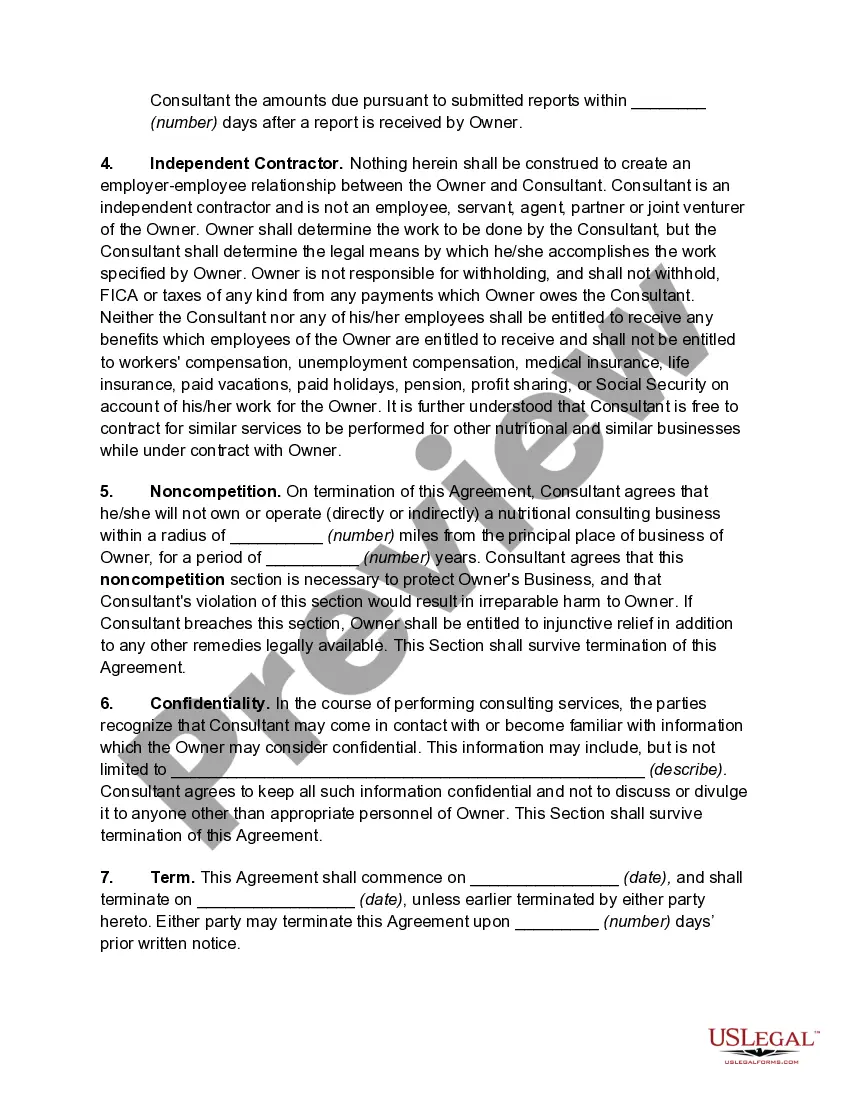 Preview Independent Consultant Agreement with Nutritional Consultant