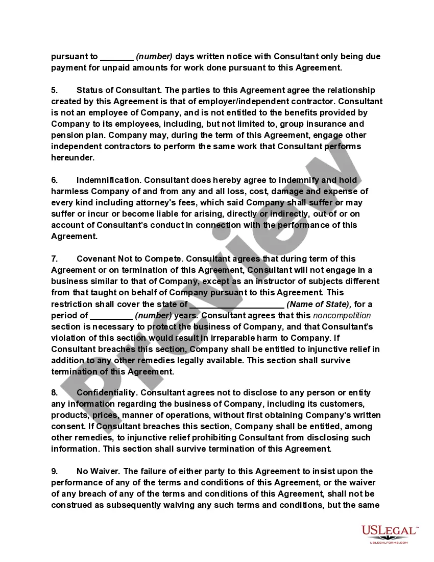Get Contract with Independent Contractor to Teach Insurance Courses with Covenant Not to Compete and Confidentiality Agreement Preview Contract with Independent Contractor to Teach Insurance Courses with Covenant Not to Compete and Confidentiality Agreement