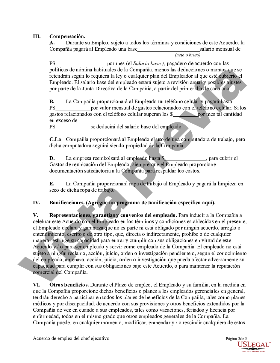 Acuerdo De Empleo Del Chef Ejecutivo Us Legal Forms 8545