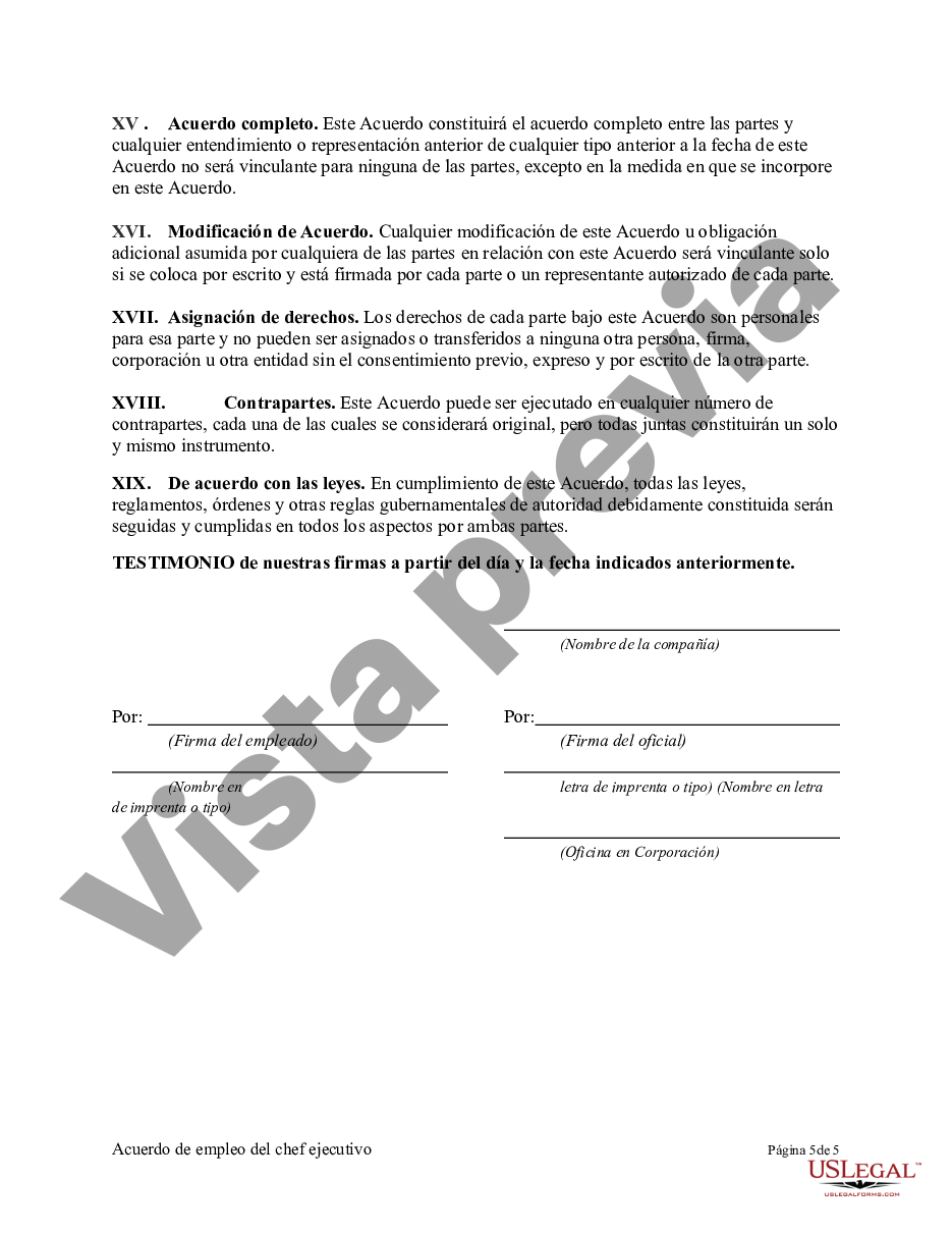 Acuerdo De Empleo Del Chef Ejecutivo Us Legal Forms 5561