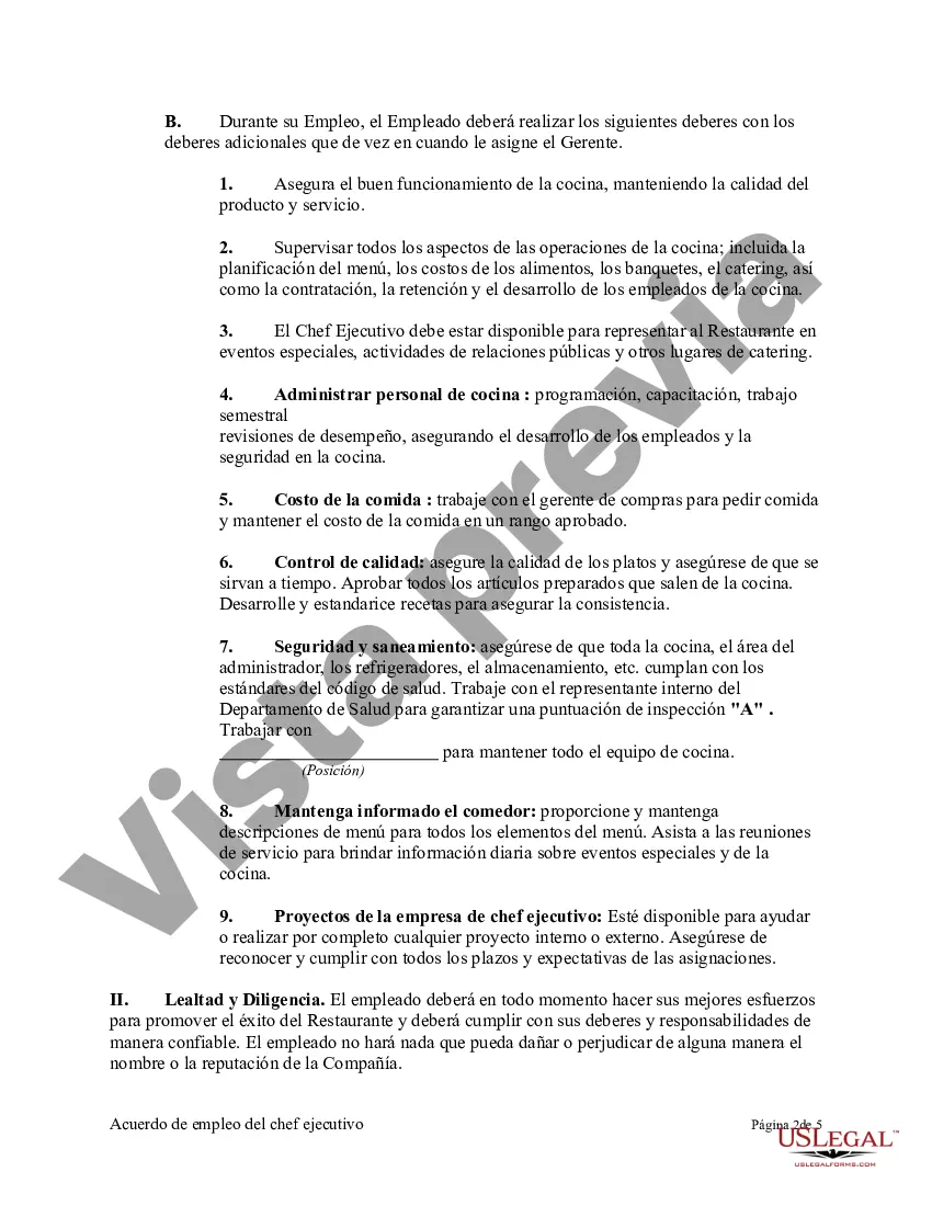 Preview Acuerdo de empleo del chef ejecutivo