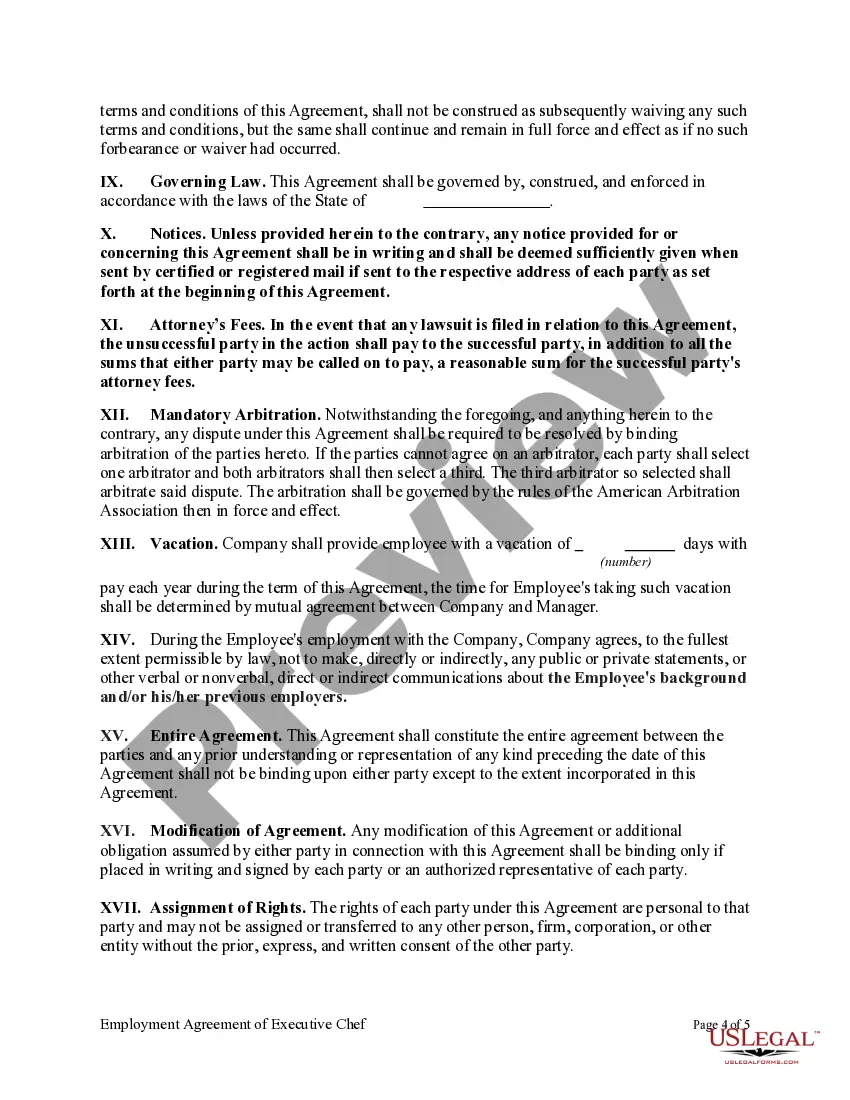 Get Employment Agreement of Executive Chef Preview Employment Agreement of Executive Chef