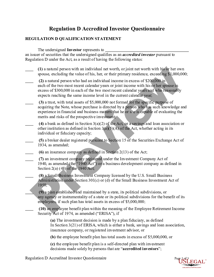 Regulation D Accredited Investor Questionnaire - Accredited Investor ...