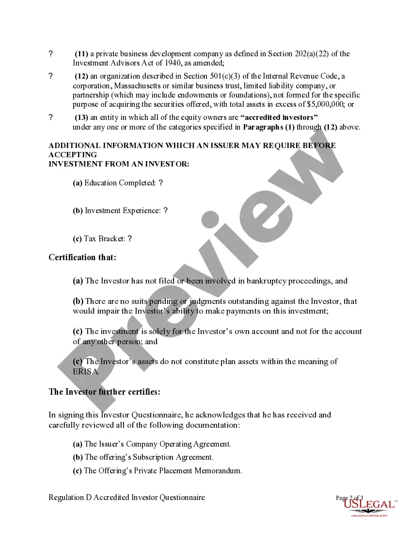 Get Regulation D Accredited Investor Questionnaire Preview Regulation D Accredited Investor Questionnaire