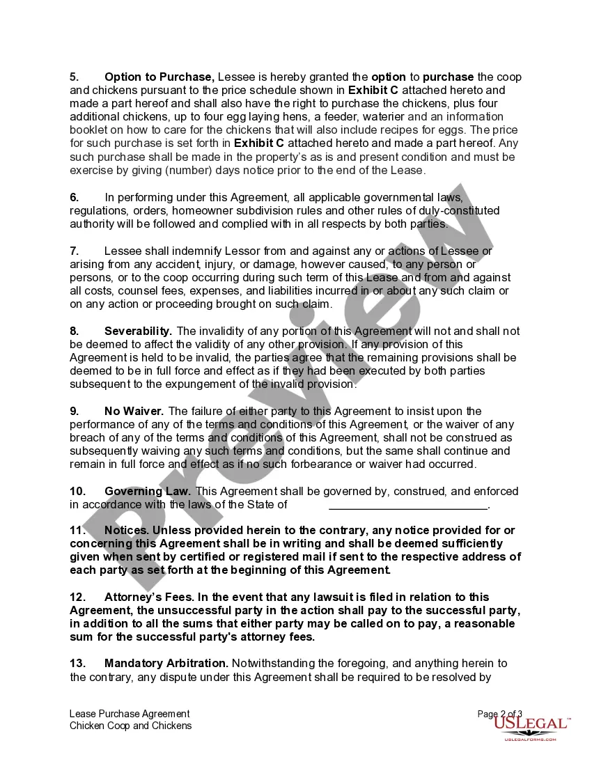 Preview Lease Purchase Agreement for Chicken Coup and Chickens
