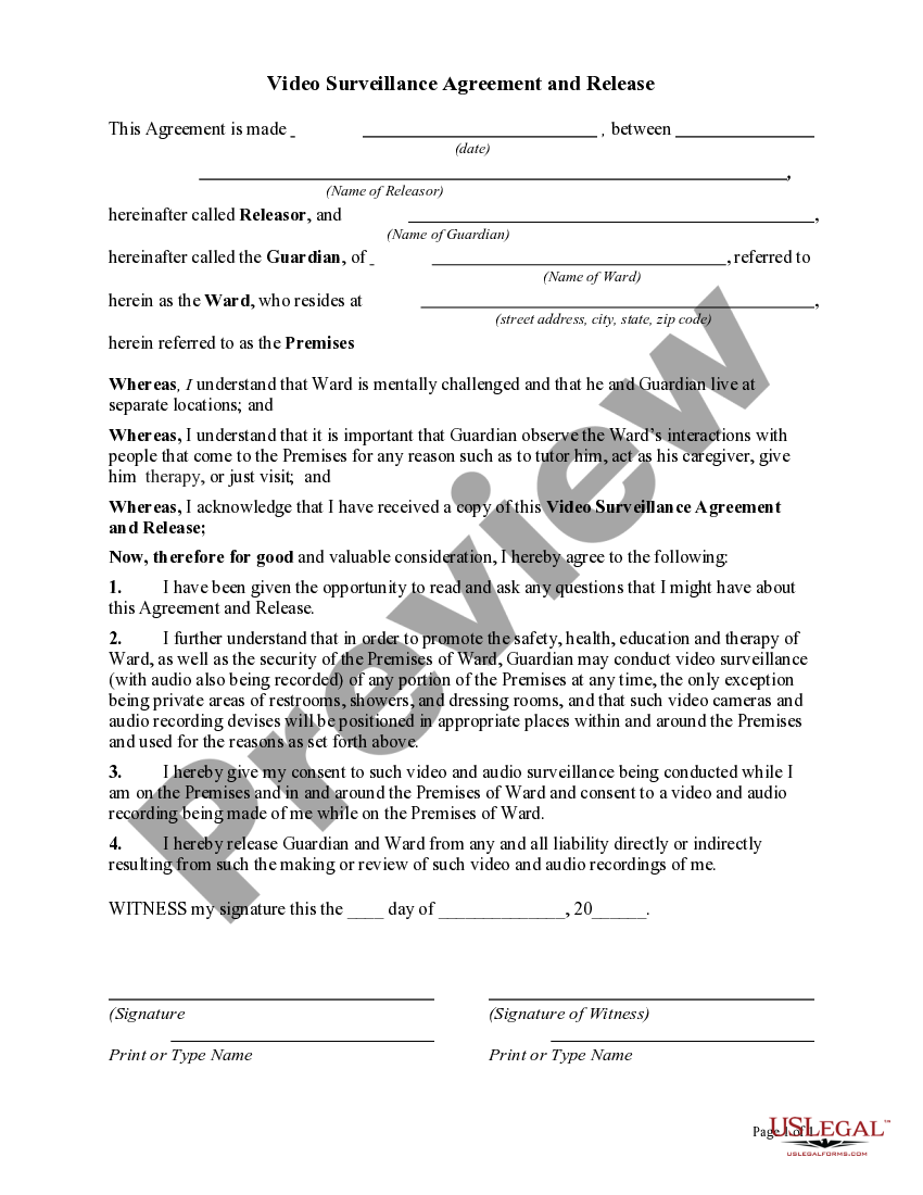 Louisiana Video Surveillance Agreement and Release Video Agreement Contract US Legal Forms