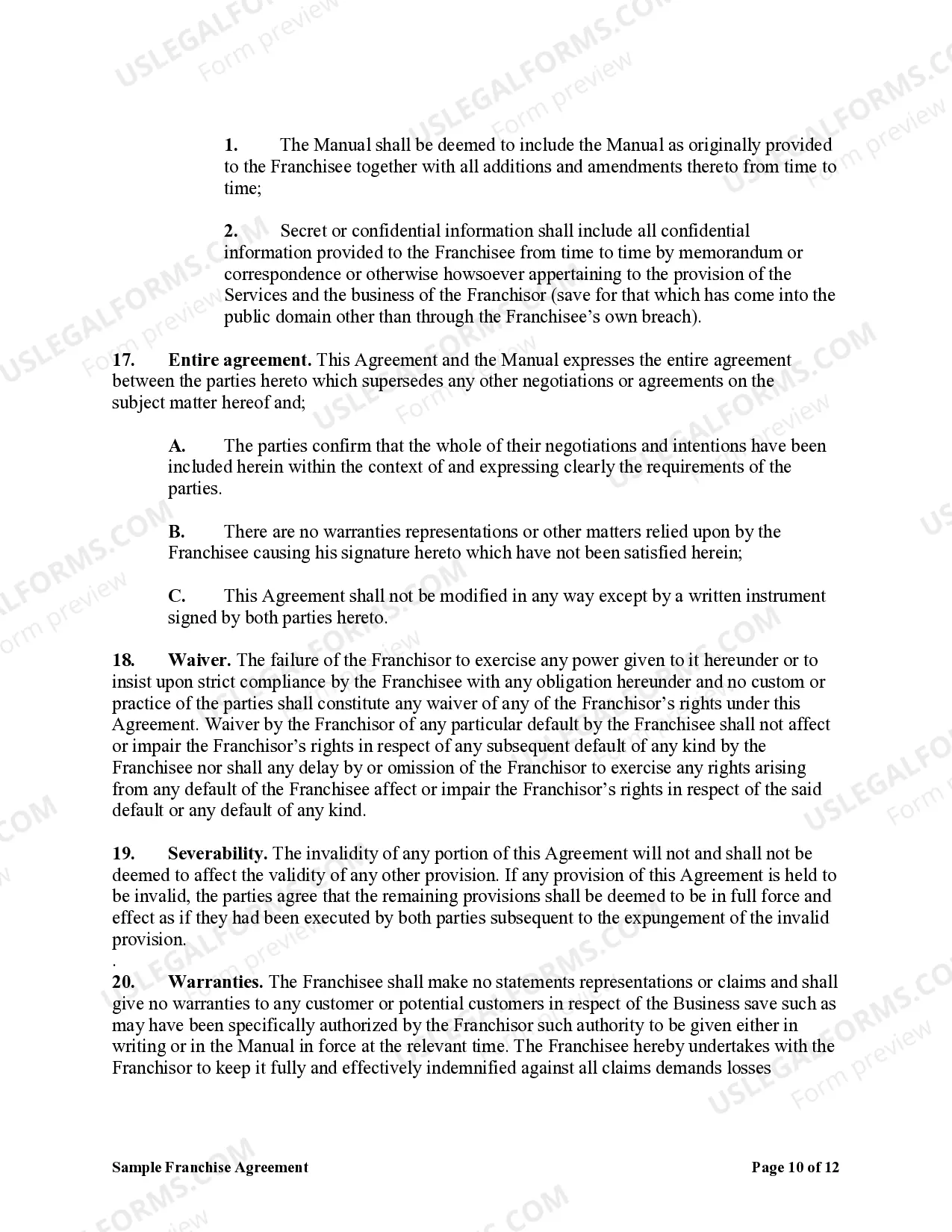 Preview Sample Franchise Agreement