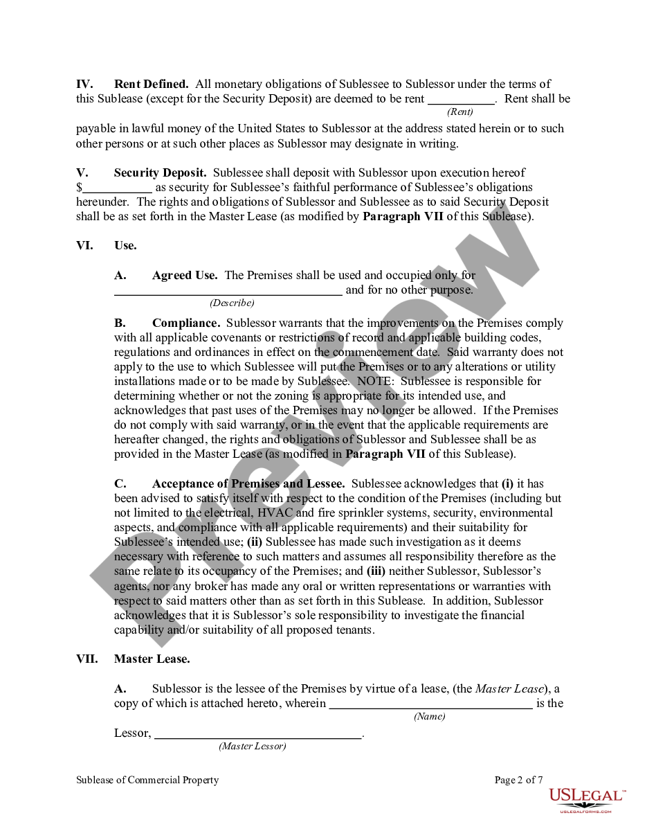 page 1 Sublease Agreement for Commercial Property preview