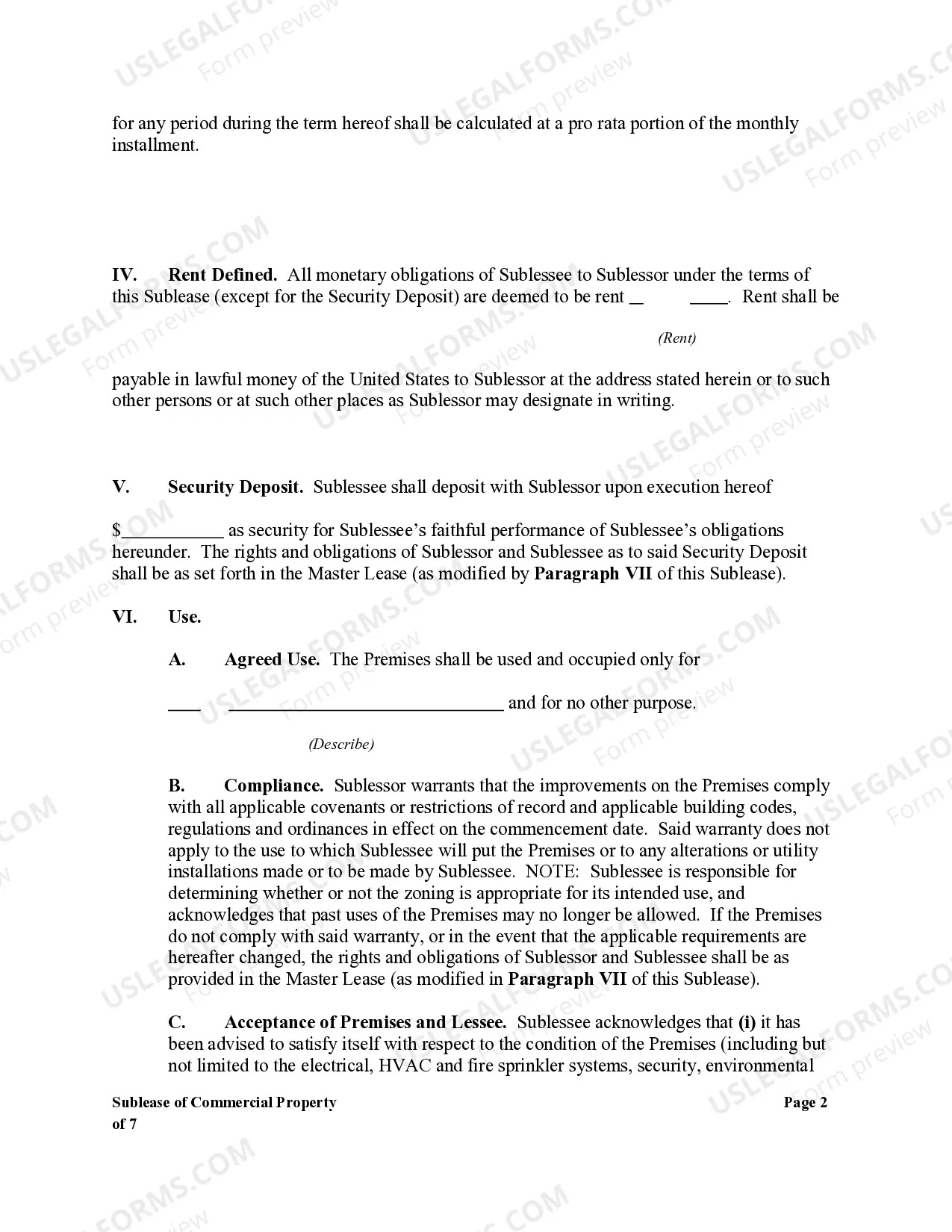 Preview Sublease of Commercial Property