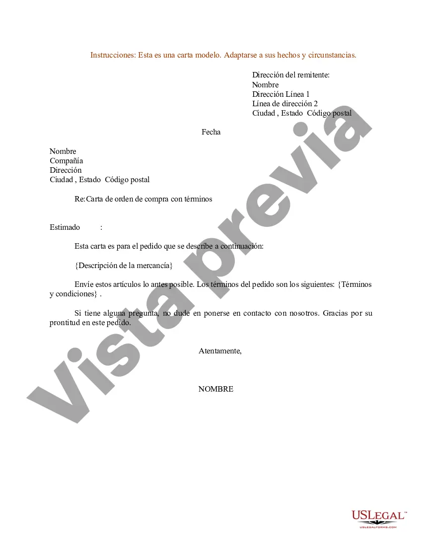 Preview Carta de muestra para carta de orden de compra con términos
