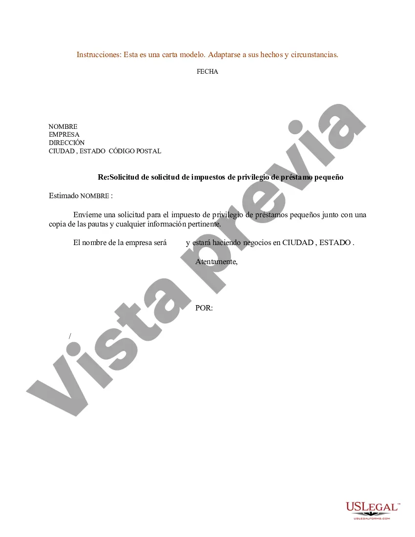 Preview Ejemplo de carta de solicitud de solicitud de impuestos de privilegio de préstamo pequeño