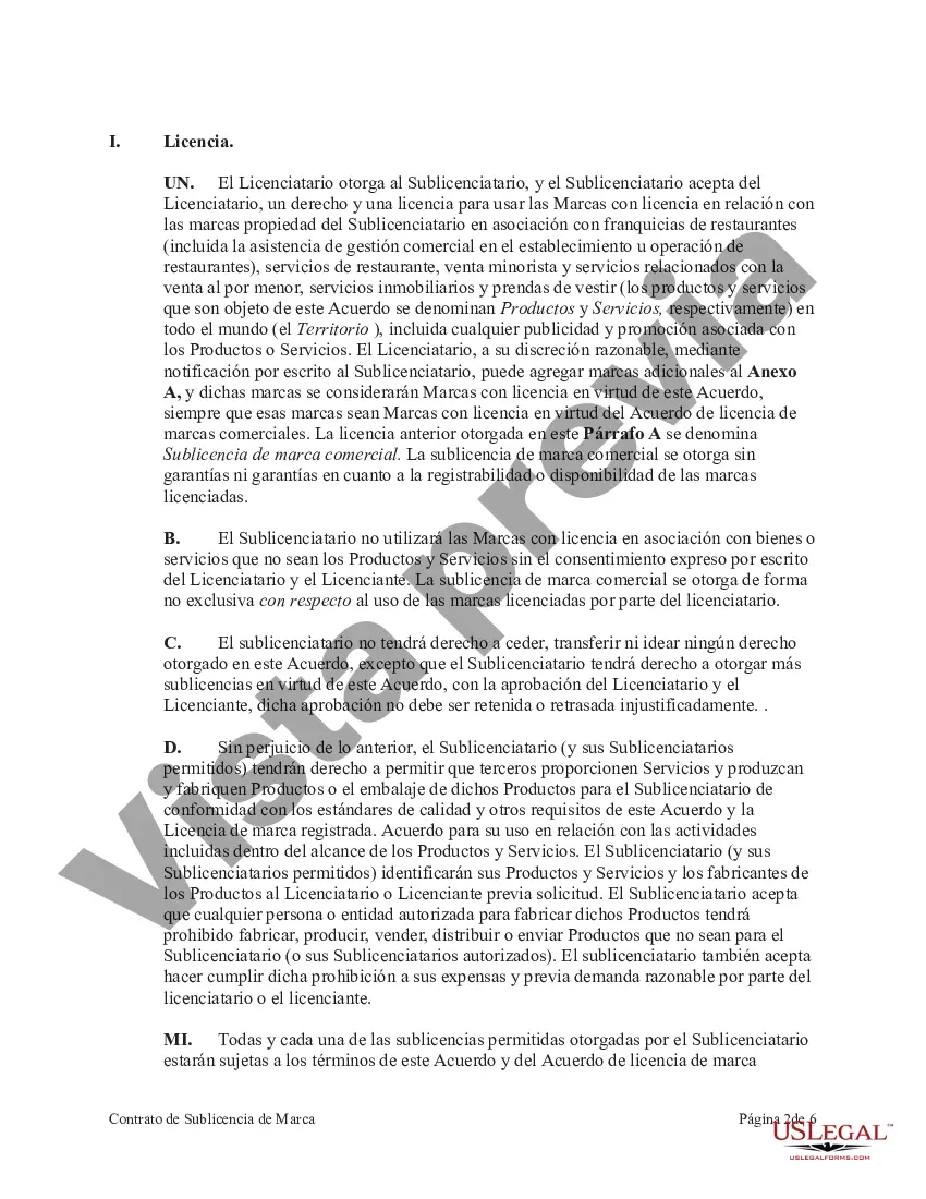 Preview Contrato de Sublicencia de Marca para Uso en Negocio de Restaurante