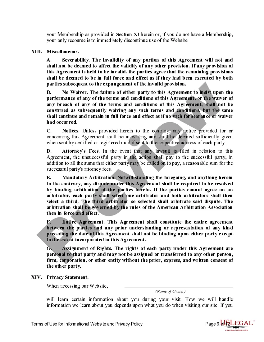 Get Terms of Use for Informational Website and Privacy Policy Preview Terms of Use for Informational Website and Privacy Policy