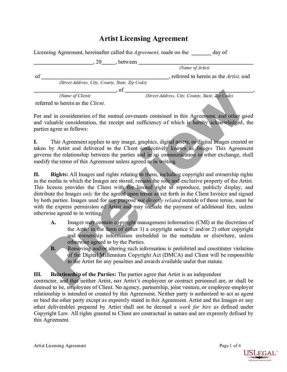 Artist Licensing Agreement Artist Licensing US Legal Forms