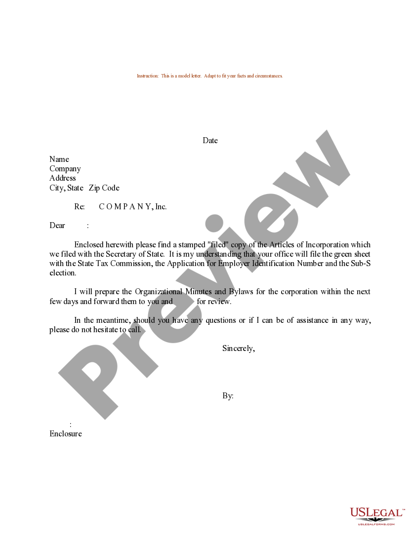 Sample Letter Notifying Client of Status of Corporate Filing US Legal