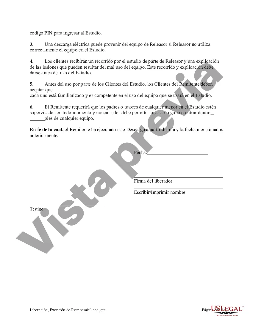 Preview Liberación, exención de responsabilidad e indemnización por el uso de Studio para producciones de fotografía o televisión